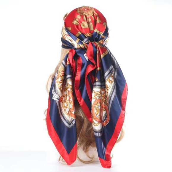 2/$30 Red and Gold Patterned Scarf Silk Satin Large Square Neck Head Hair Tie - Picture 1 of 3